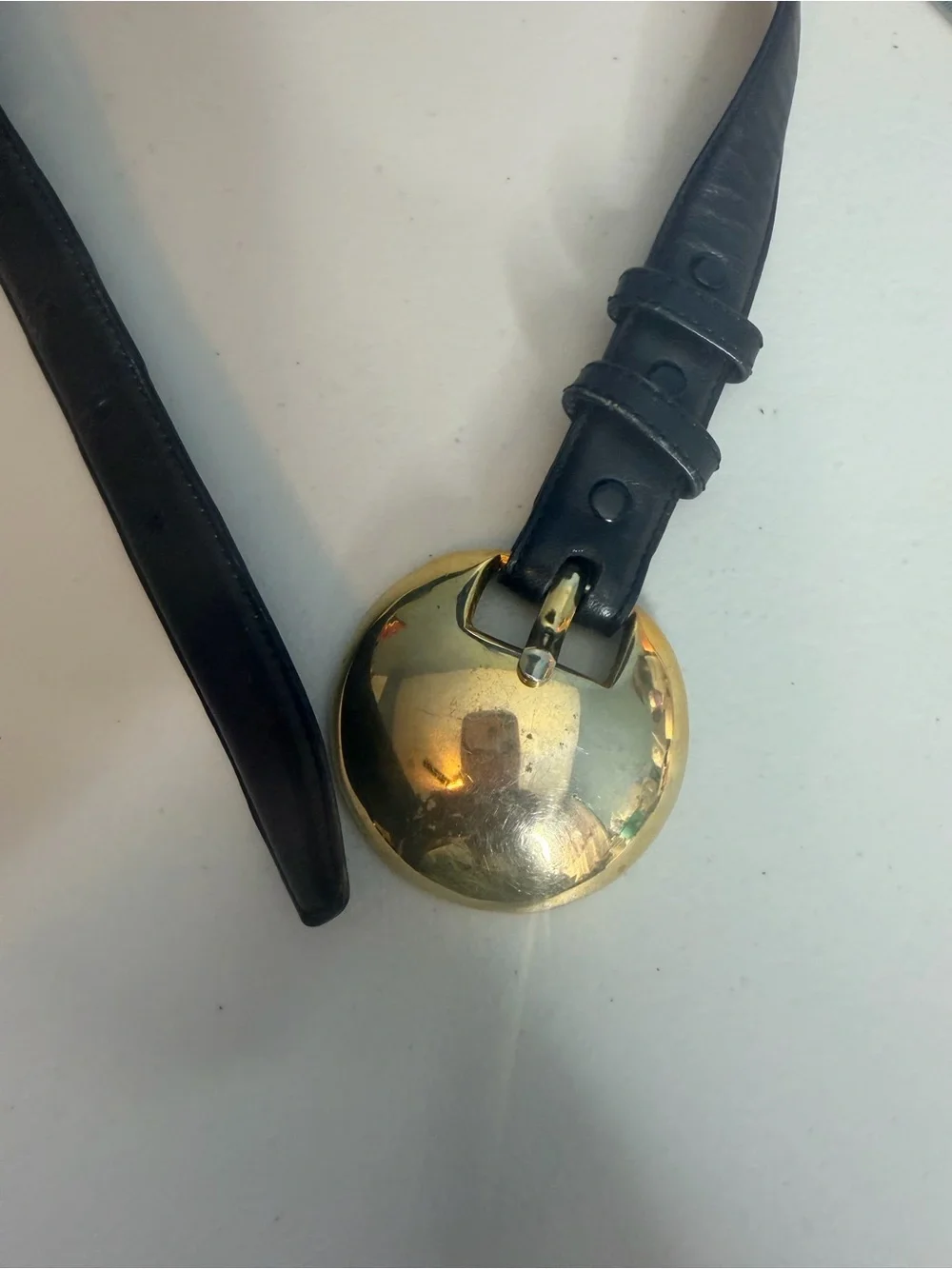 Ilana goor vintage Small women Black Leather Belt with Gold Orb Pendant